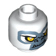 Lego Minifig Head Grizzam, Dual Sided, Gorilla with Yellow Eyes, Fangs and Gray and White Face Happy / Angry Print [Hollow Stud] / White