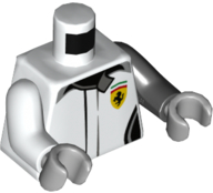 Lego Torso Speed Champions with Black Pockets and Ferrari Logo on Front and Back Pattern / Black Arm Left  / White Arm Right / Light Bluish Gray Hands