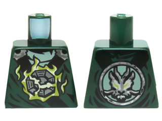 Lego Torso Ninjago Black and Silver Straps, Broken Emblem with Yellowish Green Flames, Round Silver Emblem on Back Pattern / Dark Green