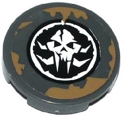 Lego Tile, Round 2 x 2 with Dark Tan Spatters and Alien Skull in Black Circle Pattern (Sticker) - Set 70141 / Dark Bluish Gray
