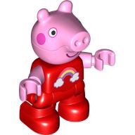 Lego Duplo Figure Child, Pig with Dark Pink Cheeks, Rainbow, Clouds Print (Peppa Pig) / Red