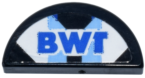 Lego Tile, Round 1 x 2 Half with Blue 'BWT' Logo on White and Bright Light Blue Background Pattern (Sticker) - Set 77248