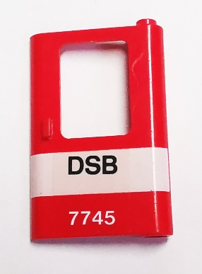 Lego Door 1 x 4 x 5 Train Right, Thin Support at Bottom with White Stripe and 'DSB 7745' Pattern (Sticker) - Set 7745 / Red