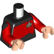 Lego Torso, Silver Starfleet Insignia, Red Panel (Starfleet Uniform) print, Red Arms, Light Nougat Hands / Black