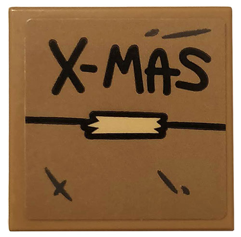 Lego Tile 2 x 2 with Black 'X-MAS' and Tan Tape on Dark Tan Background Pattern (Sticker) - Set 75810 / Dark Tan