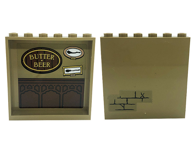 Lego Panel 1 x 6 x 5 with Bricks on Outside and 'BUTTER BEER' Sign, Broom Pictures, and Wainscoting on Inside Pattern (Stickers) - Set 76388 / Dark Tan