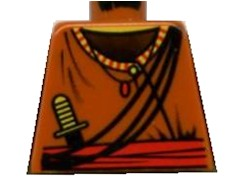 Lego Torso Shirt with Button and Striped Collar over Black Undershirt, Red Sash, Pendant Necklace, Ropes, Dagger, Yellow Neck Pattern / Dark Orange