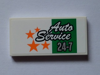 Lego Tile 2 x 4 with 'Auto Service 24-7' and Orange Stars on White Background Pattern (Sticker) - Set 60097