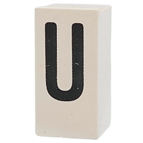 Lego Tile Special 1 x 2 x 5/6 with Stud Hole in End with 'U' Print / White