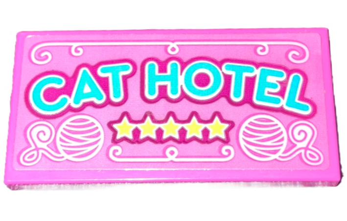 Lego Tile 2 x 4 with Medium Azure 'CAT HOTEL', 5 Yellow Stars with Magenta Outline and White Balls of Yarn Pattern (Sticker) - Set 41742 / Dark Pink