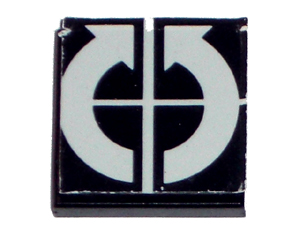 Lego Tile 2 x 2 with White Crossed Lines and Arrows Curved Clockwise, Counterclockwise Pattern (Sticker) - Set 8094 / Black