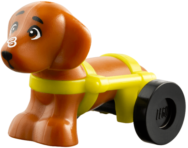 Lego Dog, Mini Doll Style, Dachshund with White Bubbles on Nose and Neon Yellow Wheelchair Harness with Black Wheels (Friends Pickle)