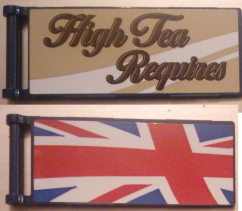 Lego Flag 7 x 3 with Bar Handle with 'High Tea Requires' / Partial United Kingdom Flag (Union Jack) Pattern Model Front Left Side (Stickers) - Set 10258