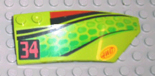Lego Wedge 8 x 3 x 2 Open Right with Red and Black Stripes, Green Scales, Red '34' and '4WD' Pattern (Stickers) - Set 4589