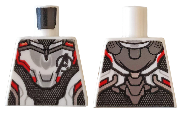 Lego Torso Armor with Black Avengers Logo and Panel with Silver Dots, Red and Light Bluish Gray Trim Pattern / White