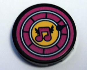 Lego Tile, Round 2 x 2 with Bottom Stud Holder with Magenta Musical Note in Yellow Circle with Magenta Border Pattern (Sticker) - Set 41346