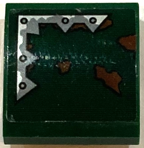 Lego Slope, Curved 2 x 2 x 2/3 with Silver Metal Plate with Spikes and Rivets and Reddish Brown Mud Splotches Pattern Model Left Side (Sticker) - Set 70434 / Dark Green