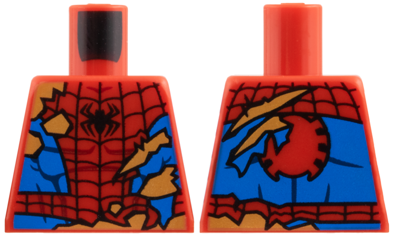 Lego Torso Spider-Man Costume Tattered, Black Spider and Webbing, Blue Side Panels, Medium Nougat Fur Behind Rips and Tears Pattern / Red
