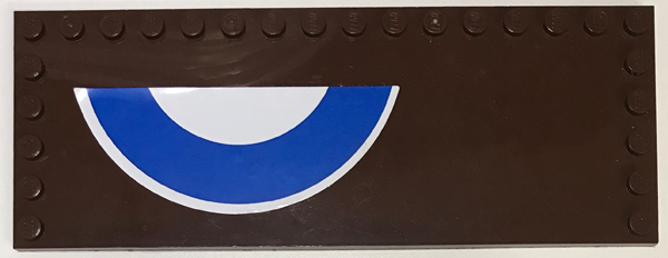 Lego Tile, Modified 6 x 16 with Studs on Edges with White and Blue Semicircles (British Roundel) Pattern Model Left Side (Sticker) - Set 3451 / Brown