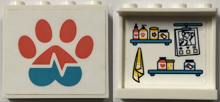 Lego Panel 1 x 4 x 3 with Side Supports - Hollow Studs with Coral and Medium Azure Paw Print and Heart Beat on Outside and Towel and Shelves with Vet Supplies on Inside Pattern (Stickers) - Set 41445 / White