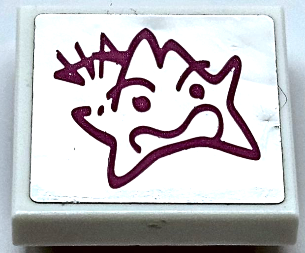 Lego Tile, Modified 2 x 2 Inverted with Dark Pink Kryptomite Graffiti and 'HA' on Silver Mirror Pattern (Sticker) - Set 41236 / White