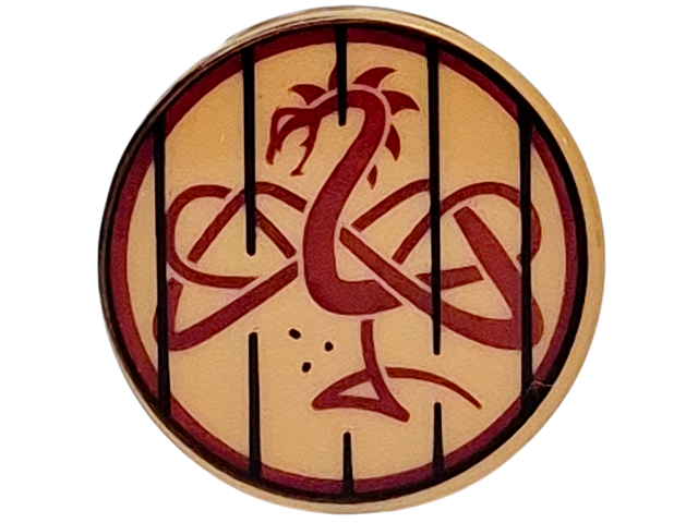Lego Tile, Round 2 x 2 with Bottom Stud Holder with Dark Brown Border and Bars and Dark Red Dragon Pattern
