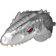Lego Animal Body Part, Dinosaur, Indominus Rex Head with Black Pin, Tan Teeth, Red Eyes and Metallic Silver Scales Print / Light Bluish Gray