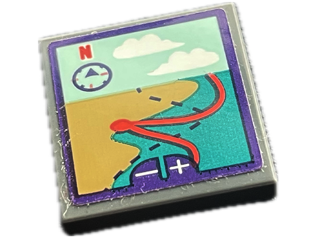 Lego Tile 2 x 2 with GPS Map Screen with Beach, Compass, Coral Capital Letter N and Navigation Line with Dark Purple Border Pattern (Sticker) - Set 41716