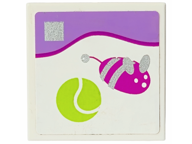 Lego Tile 2 x 2 with Lime Tennis Ball, Silver and Dark Pink Toy Mouse Pattern (Sticker) - Set 41007 / White