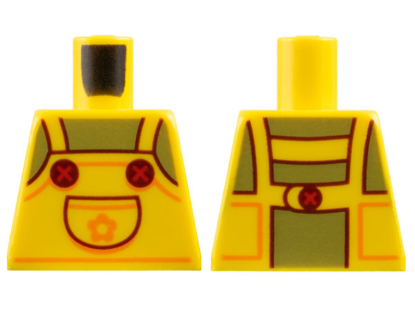 Lego Torso Overalls with Pocket, Olive Green Chest, Reddish Brown Lines and Buttons, Orange Trim and Flower Pattern / Yellow