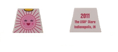 Lego Torso Shirt with Bright Pink and Dark Pink Sun with Face with Red Open Mouth Smile, Yellow Neck, '2011 The LEGO Store Indianapolis, IN' on Back Pattern / White