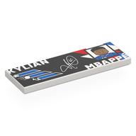 Lego Tile 2 x 6 with Black Background, Blue/Red Shapes, 'KYLIAN MBAPPÉ', Portrait Print / White