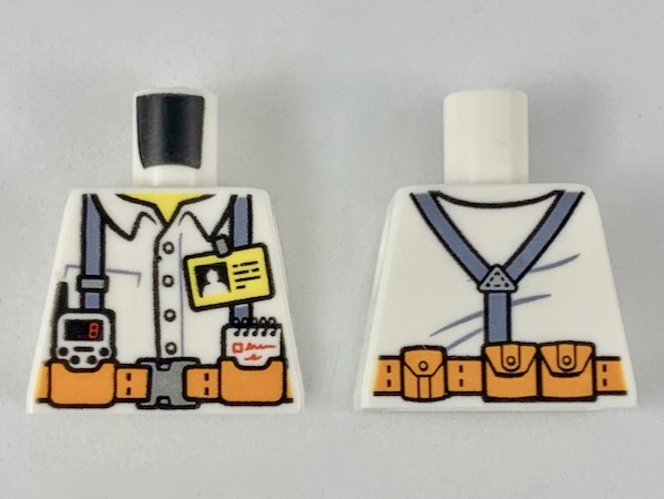 Lego Torso Town Miners White Shirt with Dark Gray Suspender Straps Pattern with Radio, Notebook and ID Badge / White
