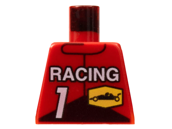Lego Torso Race Driver with White 'RACING', Number 1, and Black Race Car on Yellow Hexagon Pattern / Red