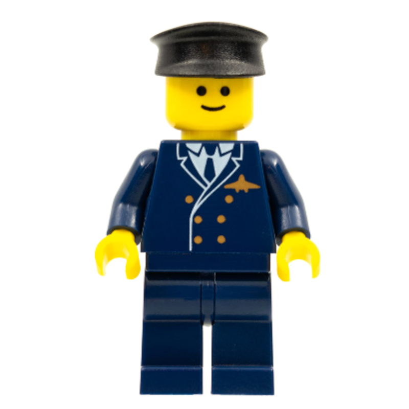 Lego Pilot, Dark Blue Suit with Airplane Badge, Black Hat