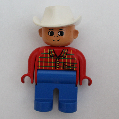 Lego Duplo Figure, Early, Cowboy Hat White, Blue Legs, Plaid Shirt Print