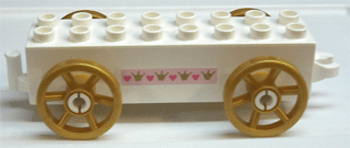 Lego Duplo Car Base 2 x 8 x 1 1/2 with Large Copper Spoked Wheels with Hearts and Crowns Pattern on Both Sides (Stickers) - Set 4828 / White