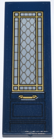 Lego Tile 2 x 6 with Door, Light Bluish Gray Lattice Window with Gold Frame and Handle Pattern Model Right Side (Sticker) - Set 76218 / Dark Blue