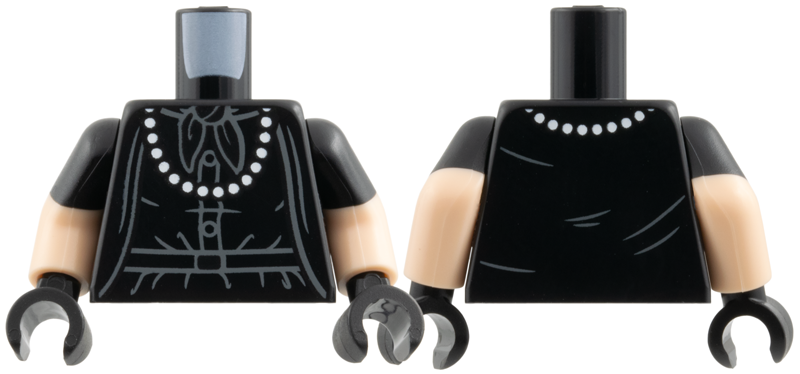 Lego Torso White Pearl Necklace, Light Bluish Gray Scarf Outline, Buttons, Belt and Wrinkles Pattern / Light Nougat Arms with Molded Black Short Sleeves / Black Hands