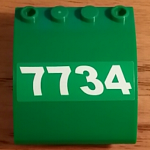 Lego Slope, Curved 4 x 4 x 2 with 4 Studs and Pin Holes with White Slanting '7734' Pattern Model Right Side (Sticker) - Set 7734