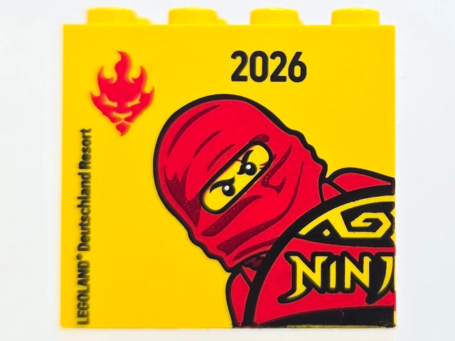 Lego Brick 2 x 4 x 3 with 2026 LEGOLAND Deutschland Resort and NINJAGO 15 Logo Upper Left Quarter with Kai Minifigure Pattern