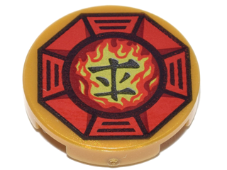 Lego Tile, Round 2 x 2 with Bottom Stud Holder with Airjitzu Fire Symbol in Red Octagon Pattern