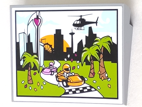 Lego Slope 10 6 x 8 with Screen with Road Race Finish Line, Confetti, Palm Trees, City Skyline and Helicopter Pattern (Sticker) - Set 41349 / Light Bluish Gray