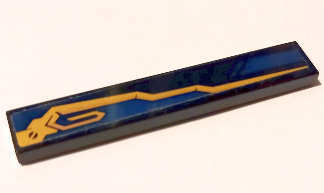 Lego Tile 1 x 6 with Dark Blue Stripe and Copper and Gold Mechanical Pattern Model Left Side (Sticker) - Set 70625