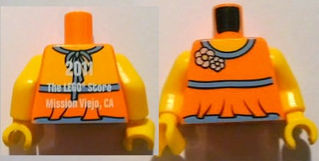 Lego Torso Halter Top with Medium Blue Trim and Flowers, Yellow Neck, '2011 The LEGO Store Mission Viejo, CA' on Back Pattern / Yellow Arms / Yellow Hands
