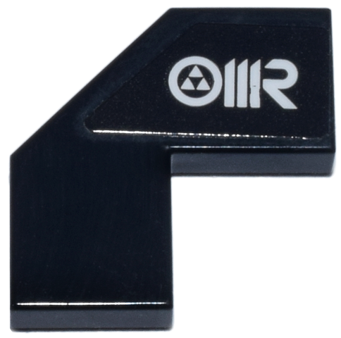 Lego Tile, Modified Facet 2 x 2 with White 'OMR' Pattern Model Left Side (Sticker) - Set 77242 / Black