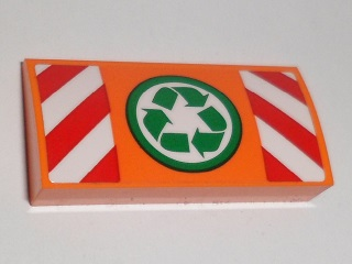 Lego Slope, Curved 2 x 4 x 2/3 with Bottom Tubes with Recycling Arrows and Red and White Danger Stripes Pattern (Sticker) - Set 60118 / Orange