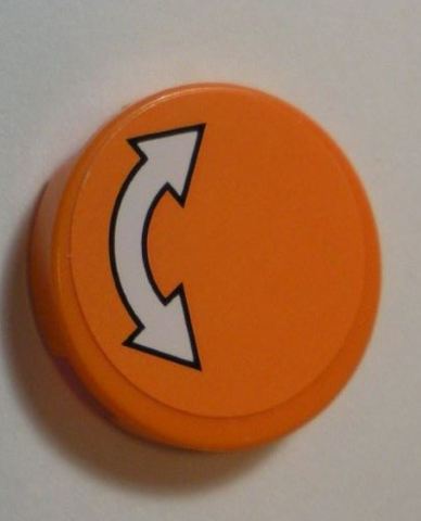 Lego Tile, Round 2 x 2 with Bottom Stud Holder with White Curved Arrow Double with Black Outline on Orange Background Pattern (Sticker) - Set 60062