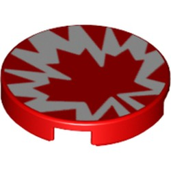 Lego Tile, Round 2 x 2 with Bottom Stud Holder with Red and White Maple Leaf Pattern / Red