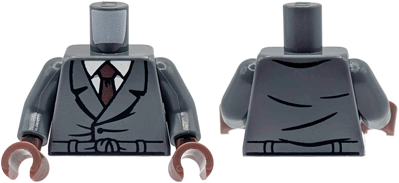 Lego Torso Coat with Black Button, Creases and Belt over White Shirt with Collar and Dark Red Tie Pattern / Dark Bluish Gray Arms / Reddish Brown Hands
